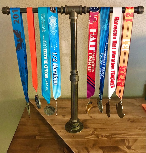 Sports Medal Display Stand Industrial IRON Pipe--Marathon, 26.1, Half Marathon, 13.1, 10 K, 5 K, Sprint Tri, Tri, IRON Man - Heavy Duty Pipe