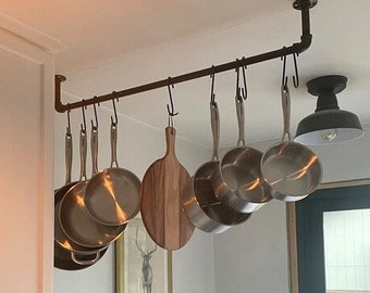 Industrial Pipe Kitchen Pan Rack, Ceiling or Wall Mount- "DIY" Parts Kit, 10 - 5" Hooks Included, 18", 24", 30", 36", 48", 60" or 72"