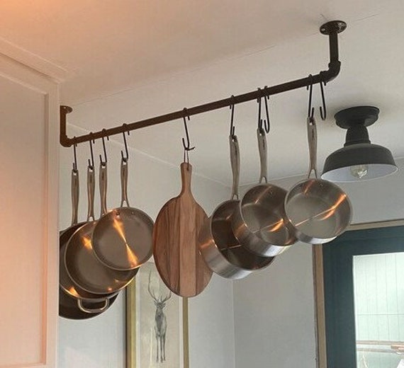 Industrial Pipe Kitchen Pan Rack, Ceiling or Wall Mount- "DIY" Parts Kit, 10 - 5" Hooks Included, 18", 24", 30", 36", 48", 60" or 72"