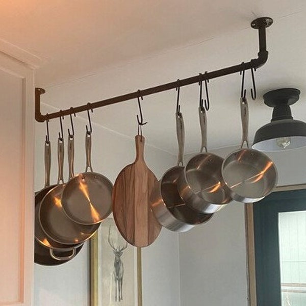 Industrial Pipe Kitchen Pan Rack, Ceiling or Wall Mount- "DIY" Parts Kit, 10 - 5" Hooks Included, 18", 24", 30", 36", 48", 60" or 72"