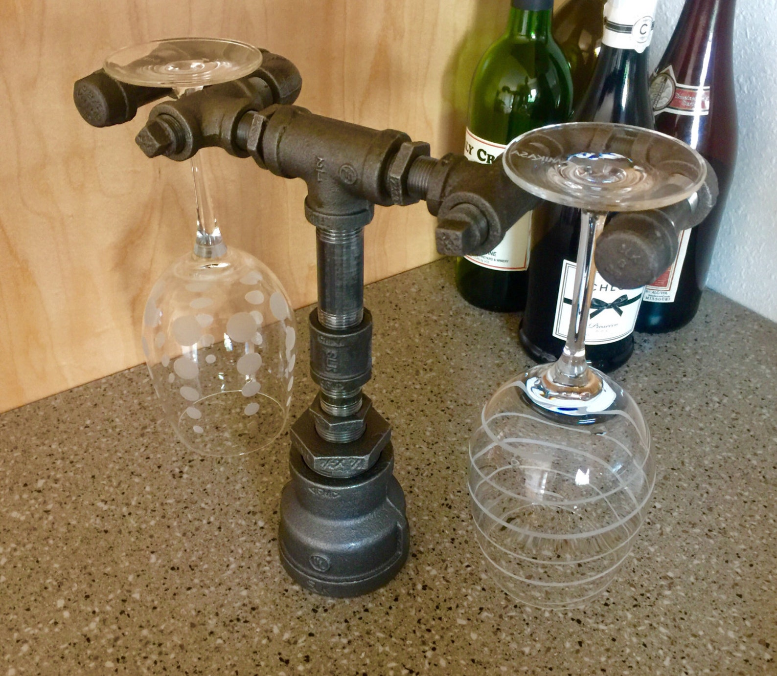 Wine Glass Stand Made From Industrial Black Iron Pipe Holds 2 Etsy