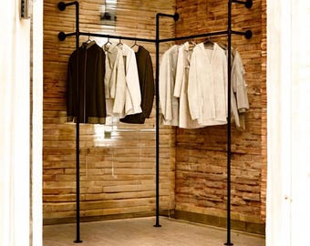 Iron Pipe Corner Clothing Rack Parts Kit- Industrial Design, 88" tall x 52" wide (each side) x 14" deep - Fast & Free Shipping!