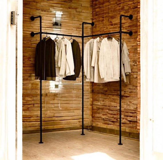 Iron Pipe Corner Clothing Rack Parts Kit- Industrial Design, 88" tall x 52" wide (each side) x 14" deep - Fast & Free Shipping!