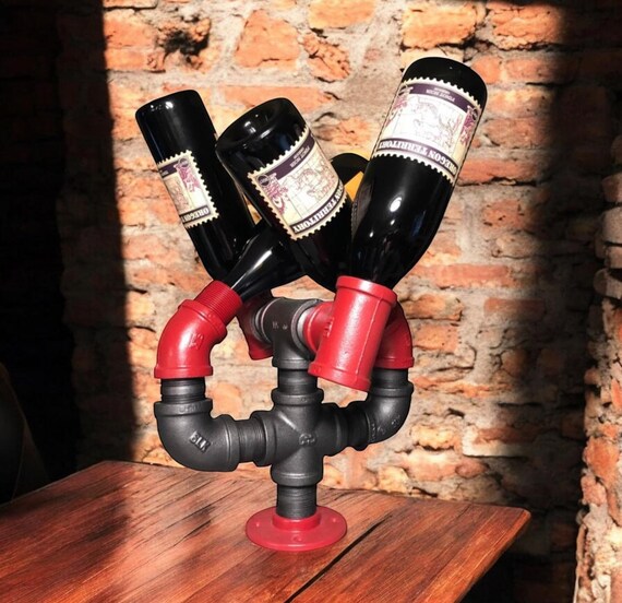 Industrial Pipe Wine Rack Liquor Bottle or Wine Bottle Holder - 4 Bottle Tabletop/Bar Top Wine Storage - Unique Bar Decor or Gift Idea