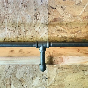 Industrial Pipe Shelf Bracket with Drink Rail Kit – 30” to 96” Length, 6” to 18” Depth, Sturdy Wall Mount Storage Solution