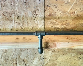 Industrial Pipe Shelf Bracket with Drink Rail Kit – 30” to 96” Length, 6” to 18” Depth, Sturdy Wall Mount Storage Solution