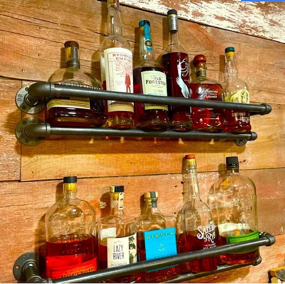 Industrial Pipe Bottle Storage Shelf Brackets, "DIY" Parts Kit - Perfect for Man Cave, Bars, Restaurants - Ideal for Wine or Liquor Bottles