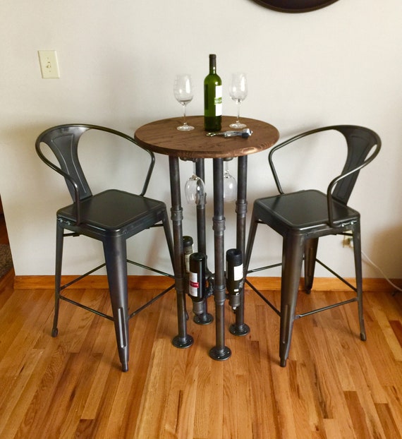 Black Pipe Wine Bar & Wine Table - 1-1/4" Black Pipe - 24" round top, 40" tall with Wine glass rack and Wine Bottle Rack