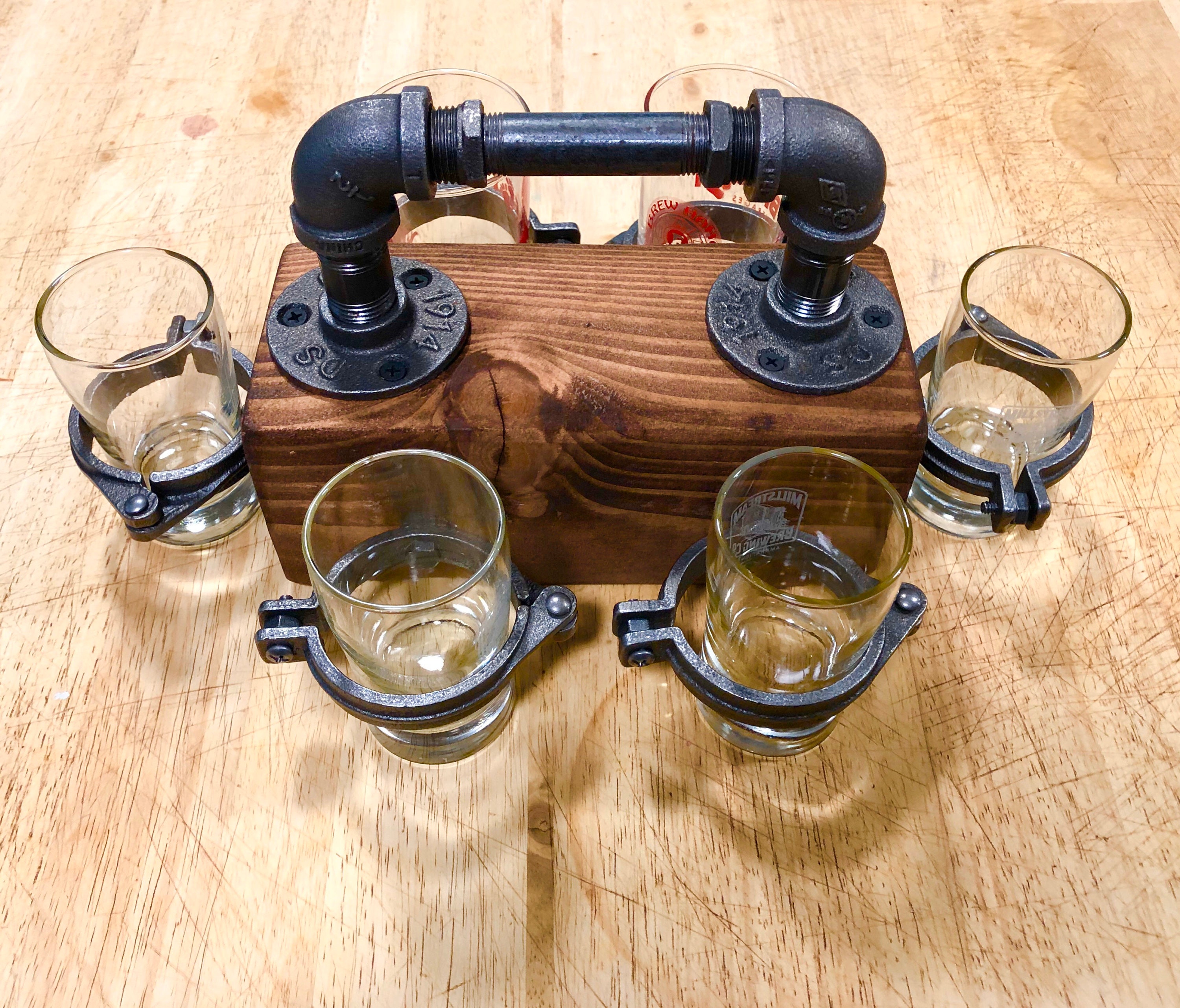Beer Flight Holder Carrier Handmade With Industrial Pipe Reclaimed 