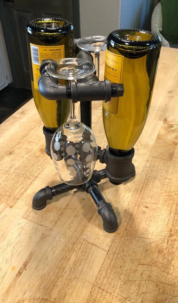 Industrial Pipe Wine Rack Holder - Holds up to 2 Bottles/2 Wine Glasses