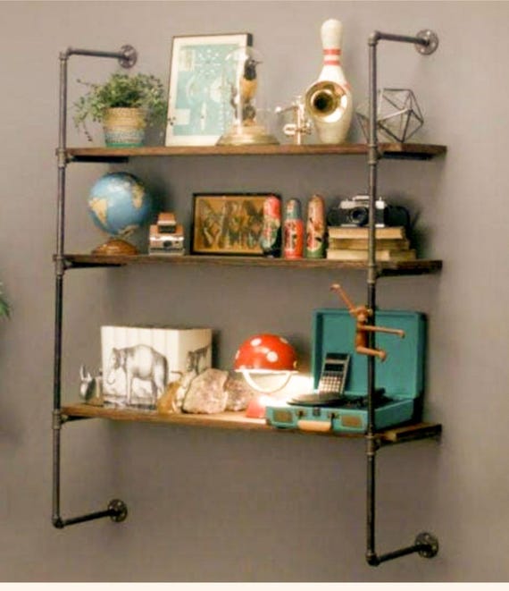 Industrial Pipe Shelving Wall Unit - Rustic Metal Shelving, Industrial Decor, Space-Saving Bookcase, Home & Office Organizer