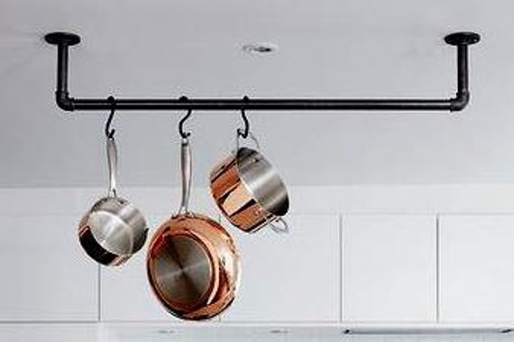 Industrial Pipe Kitchen Pan Rack, Ceiling or Wall Mount-Complete "DIY" Kit, Easy to Assemble, 5 - 5" Hooks Included, 3 Sizes Available-