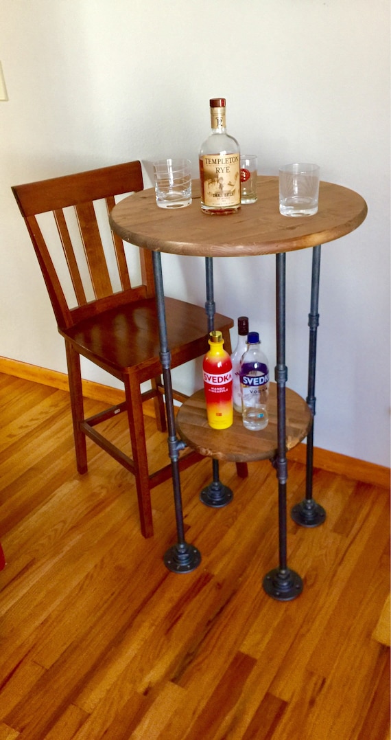 Industrial Pipe Pub Table - 24" round top with 15" shelf, 40" tall