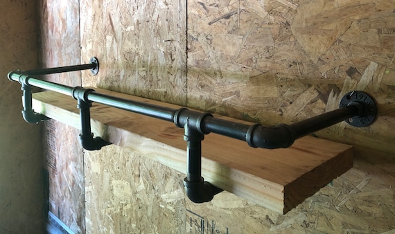 Black Pipe Shelf Bracket With Drink Bar Safety Rail - Pipe Shelf Brackets Diy Black Pipe Shelf Bracket With Drink Bar Safety Rail - Pipe Shelf Brackets Diy