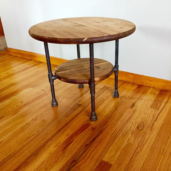 Black Pipe End Table with 24 round wood top and Etsy
