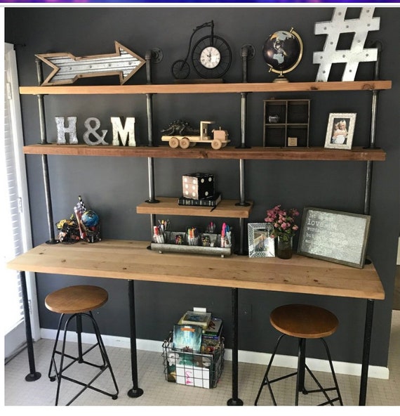 Industrial Iron Pipe Desk and Shelving Unit, 78" tall x 60" wide x 8" deep, DIY Parts Kit