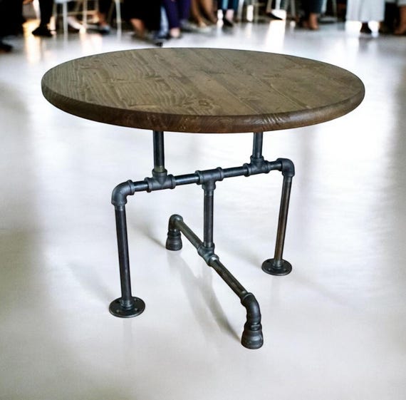 Industrial Pipe Table Base Kit, 30" tall x 24" wide (base) x 30" diameter unfinished edge glued round wood tabletop