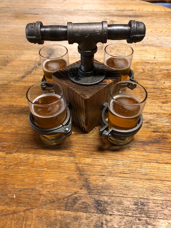 Beer Flight Holder/Carrier, Handmade with Industrial Pipe, Wood Base, Holds 4 Beer Glasses