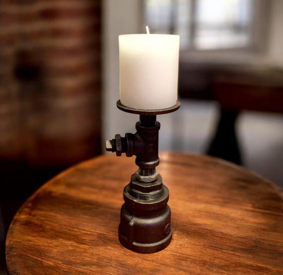 Candle Holder made from industrial Grade Black Iron Pipe, Unique Reversible Design, Turn over for different look