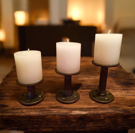Industrial Iron Pipe Candle Holders Kit - DIY Parts for 3 Rustic Home Decor Candle Holder Set