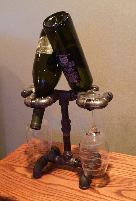 Wine Rack & Wine Glass Stand - Industrial Pipe, Holds 2 wine glasses/2 bottles of wine, PERFECT for Kitchen, Bar, Handmade Original Design