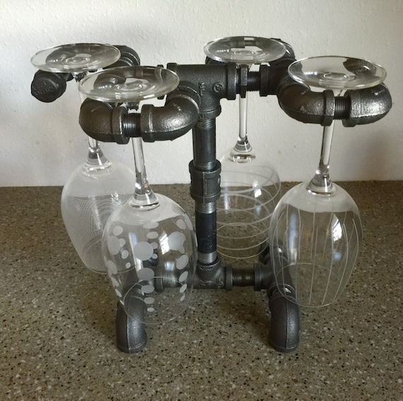 Wine Rack, Wine Glass Stand made from industrial black iron pipe, holds 4 wine Glasses PERFECT for Kitchen, Bar, Diningroom