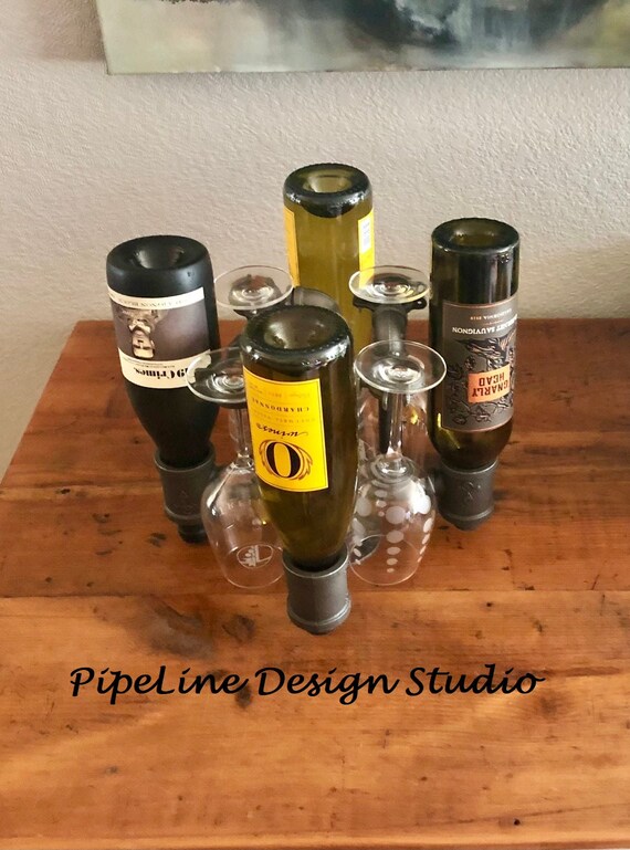 Industrial Pipe Wine Rack - Holds up to 4 Wine Bottles/4 Wine Glasses