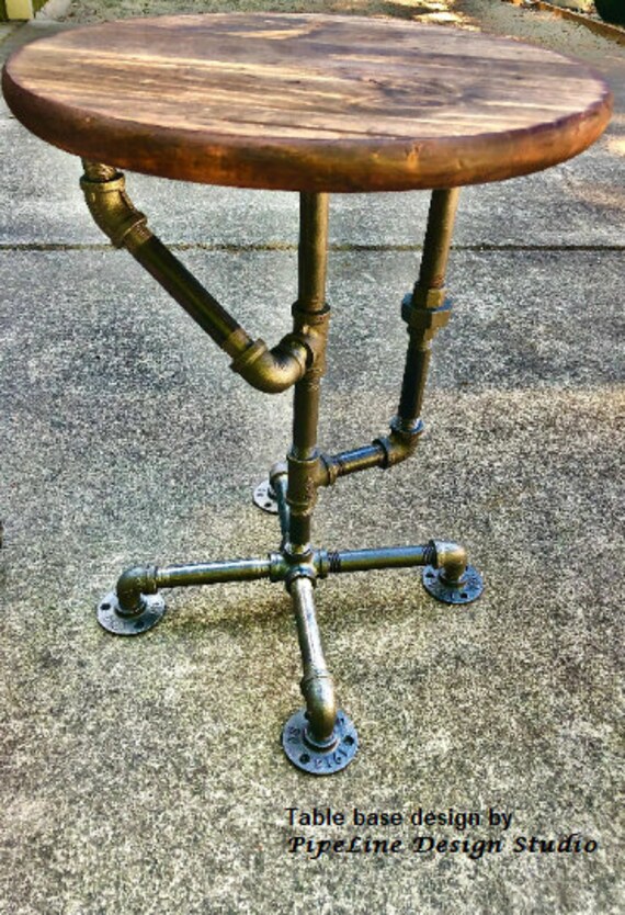 Industrial Pipe Table with 15” Round Distressed Edge Glued Wood Top with Dark Stain - 20" Tall