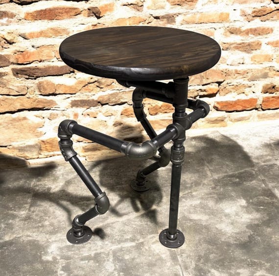 Industrial Pipe 22" or 28" Tall Round Table 3/4" Pipe, Dark Walnut Pine Edge Glued Top, With Iron Pipe Base