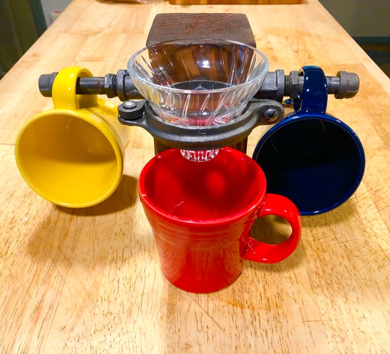 Black Pipe Pour Over Coffee Maker with Double Coffee Cup Holder, Reclaimed Wood Base