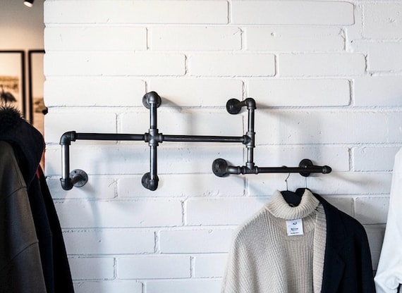 Unique Industrial Pipe Clothing Rack Bracket, Clothes Hanger Rack Kit, Commercial Grade Quality, Functional Wall Art