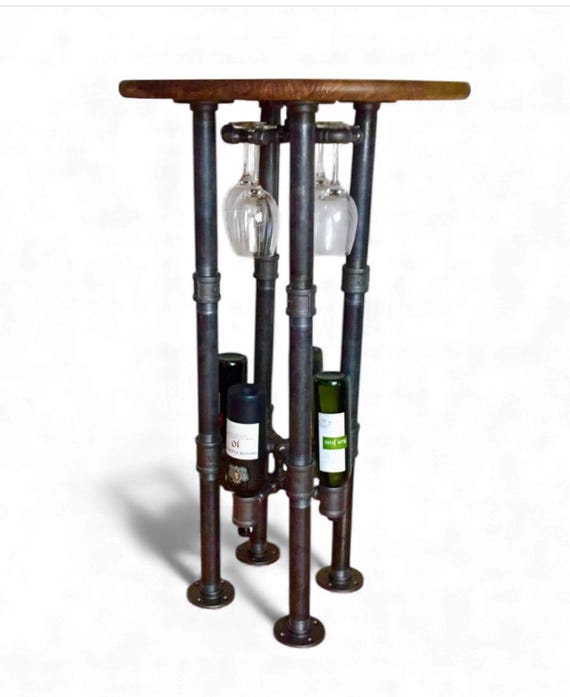 Industrial Pipe Wine Bar & Wine Table - 1-1/4" Black Pipe - 24" round top, 40" tall with Wine glass rack and Wine Bottle Rack