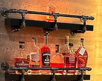 Industrial Pipe Shelf Bracket with Drink Rail Kit – Sizes Available from 30” up to 96” in Length, 6” to 18” Depth options, Sturdy Wall Mount