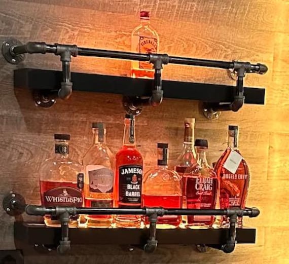 Industrial Pipe Shelf Bracket with Drink Rail Kit – Sizes Available from 30” up to 96” in Length, 6” to 18” Depth options, Sturdy Wall Mount