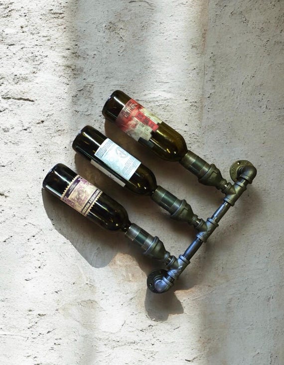 Industrial Iron Pipe Wine Rack Bottle Holder, Diagonal Wall Mount, DIY or Fully Assembled