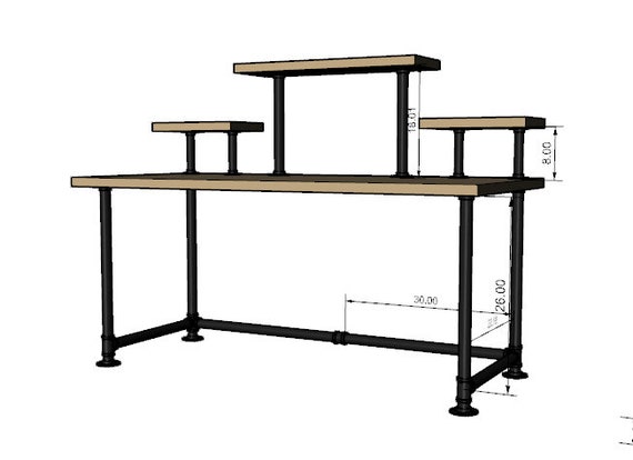 Black Pipe Desk Base "DIY" Parts Kit- 3/4” pipe x 68" long x 30" wide x 28" tall with Raised Shelving