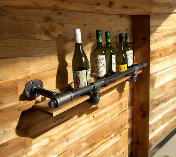 Industrial Pipe Shelf Bracket with Drink Rail Kit – 36” Long x 6” Deep, Custom Sizing Availble