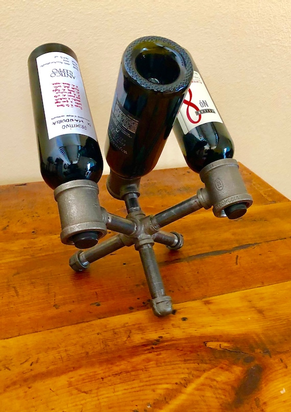 Industrial Black Pipe Wine Rack, Liquor Bottle Holder - Holds up to 3 Bottles