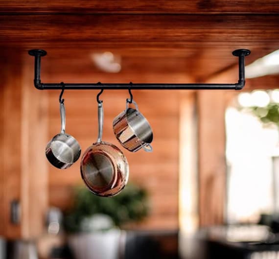 Ceiling Mount Pan Rack Organizer - Industrial Pipe Kitchen Storage, Multiple Sizes for Pots & Pans