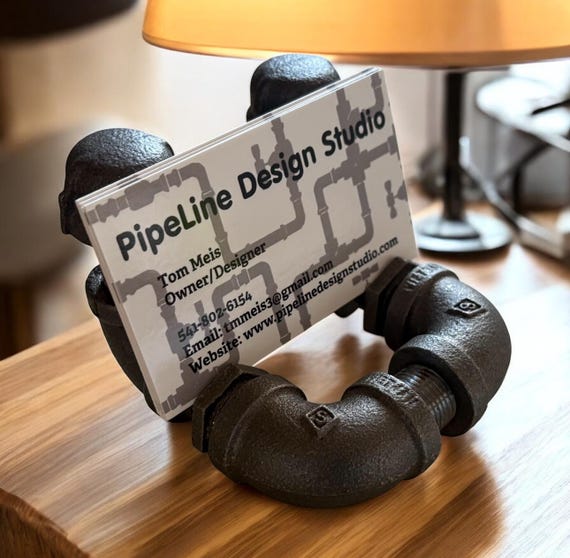 Industrial Pipe Business Card Holder Double-Sided Display Stand Rustic Office Desk Organizer Gift