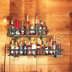 Industrial Pipe Shelf Bracket with Drink Rail<>Length Options<>30”, 36”, 40”, 44”, 48”, 54”, 60”, 72”, 84”, 96”<>Depth Options -6" up to 18"