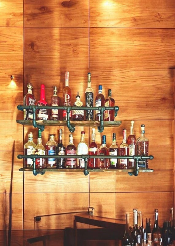 Industrial Pipe Shelf Bracket with Drink Rail<>Length Options<>30”, 36”, 40”, 44”, 48”, 54”, 60”, 72”, 84”, 96”<>Depth Options -6" up to 18"