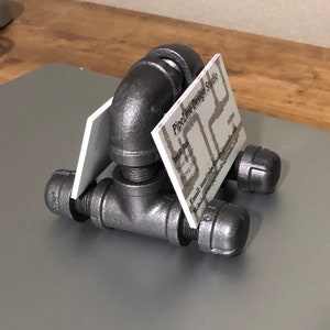 Industrial Pipe Business Card Holder Double-Sided Display Stand Rustic Office Desk Organizer Gift