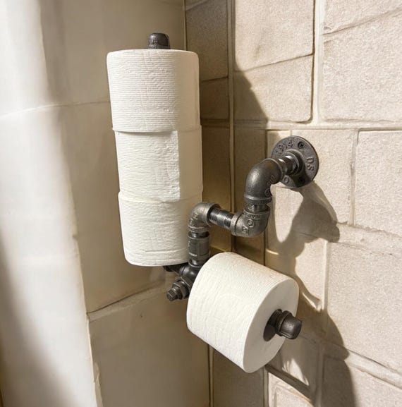 Industrial Pipe Toilet Paper Holder with Spacing Saving Side Pipe to store 3 Extra Rolls of TP