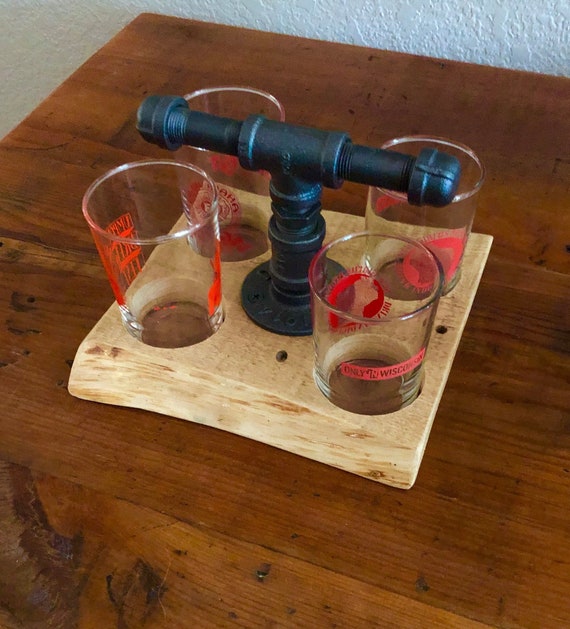 Beer Flight Holder/Carrier, Handmade with Industrial Pipe and Reclaimed Live Edge Wood, Holds 4 Beer Glasses