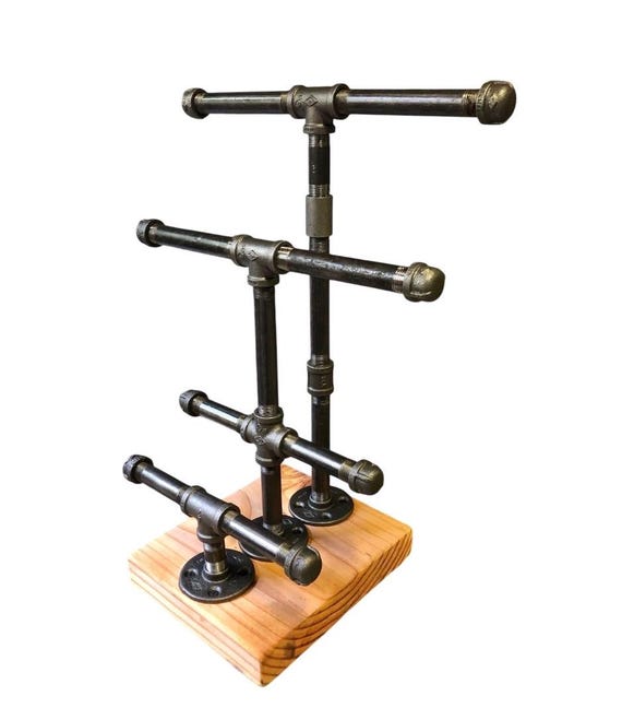 Jewelry Stand, Industrial Pipe Design with Reclaimed Wood Base - Home or Retail, Heavy Duty Design