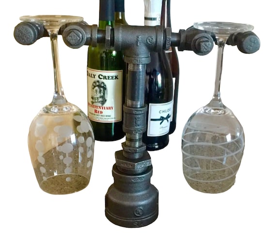 Wine Glass Stand made from industrial black iron pipe, holds 2 wine glasses, WINE RACK