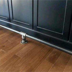 Authentic Industrial Iron Pipe Bar Foot Rail– 1-1/4” Pipe, Lengths- 48&quot; up to 144”, Custom Options Available also including L shaped designs