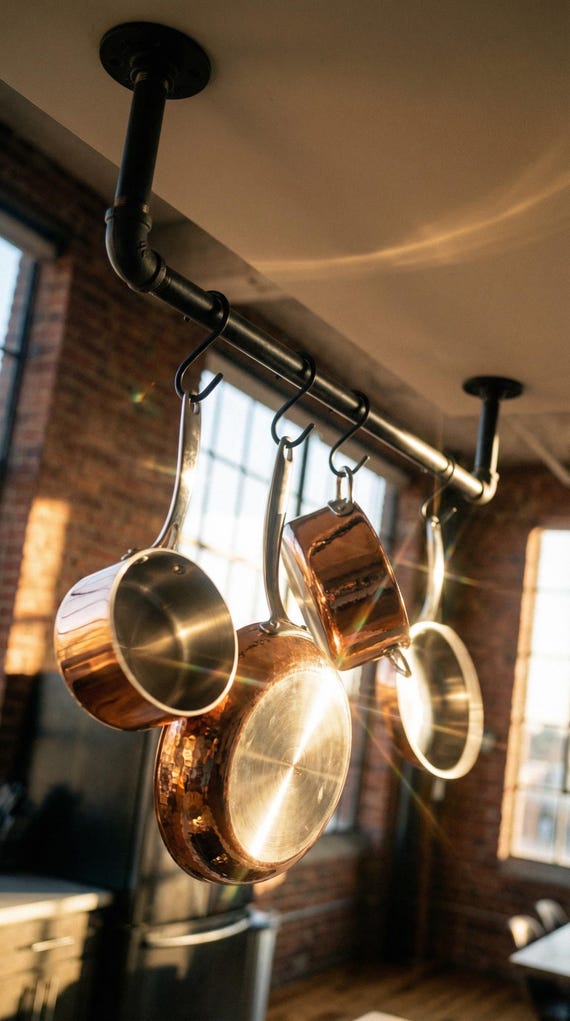 Ceiling Mount Pan Rack Organizer - Industrial Pipe Kitchen Storage, Multiple Sizes for Pots & Pans