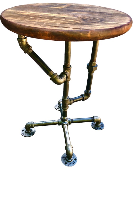Industrial Pipe Table with 15” Round Distressed Edge Glued Wood Top with Dark Stain - 20" Tall